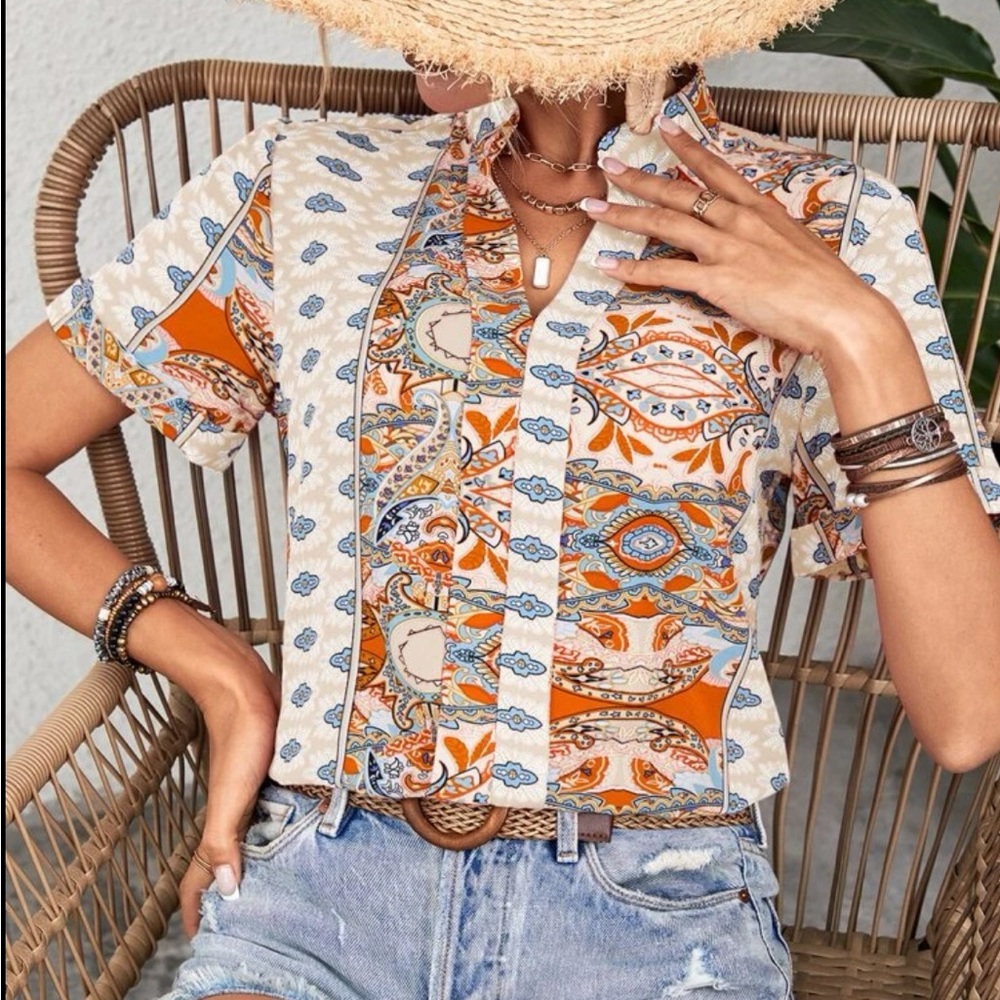 Boho Floral Paisley Print Top Blouse Shirt Green - Picture 8 of 16